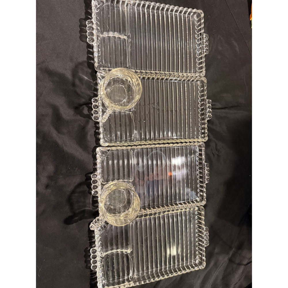 Vintage Federal Glass Manhattan Snack Set 4 Trays 2 Cups Clear Ribbed Art Deco - Picture 3 of 7